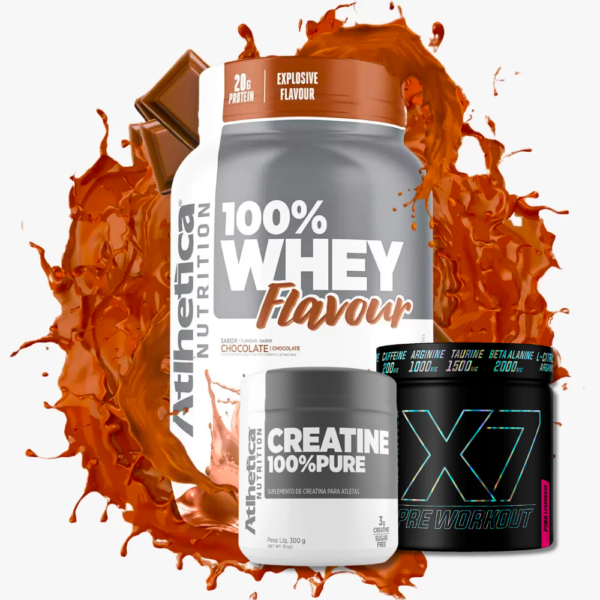 Kit 100% Whey Flavour Chocolate Pote + Creatine 100% Pure Atlhetica + X7 Pre Workout Pink Lemonade