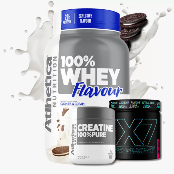 Kit 100% Whey Flavour Cookies & Cream Pote + Creatine 100% Pure Atlhetica + X7 Pre Workout Pink Lemonade