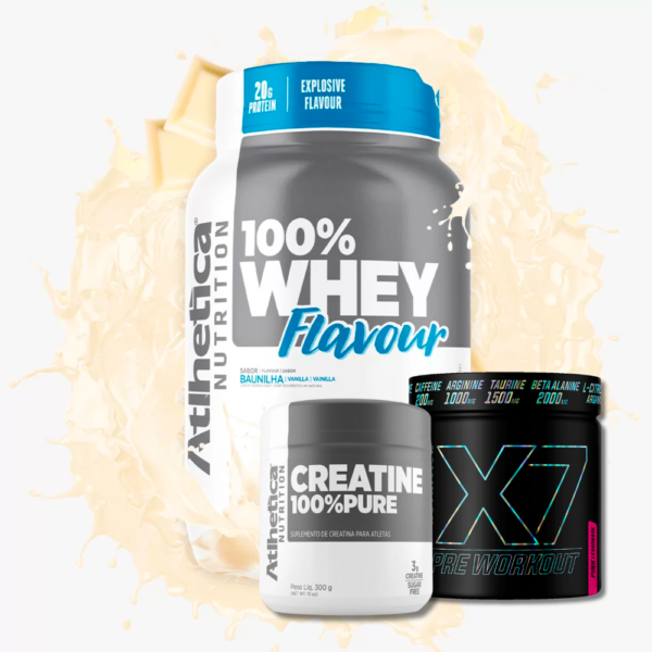 Kit 100% Whey Flavour Baunilha Pote + Creatine 100% Pure Atlhetica + X7 Pre Workout Pink Lemonade